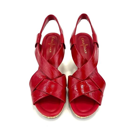 Cole Haan Platform Wedge Sandal Size 9.5 Red Leather Beige Jute Sling Back Comfy - Picture 12 of 16